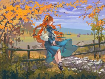1girl absurdres autumn_leaves bird black_bow black_hairband black_shoes blue_dress blue_sky book book_on_lap bow capelet checkered_socks chinese_commentary cloud commentary_request day dress full_body glasses grass green_eyes hair_bow hairband highres house leaf long_hair looking_to_the_side mune_yin'an_hua_hua_de official_alternate_costume on_railing orange_hair outdoors profile railing reverse:1999 round_eyewear shoes sitting sky solo sonetto_(emotion_in_tranquility)_(reverse:1999) sonetto_(reverse:1999) sparrow stream tree white_capelet