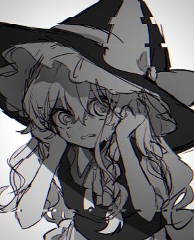 1girl @_@ apron bow braid commentary_request greyscale hair_bow hat hat_bow kirisame_marisa long_hair monochrome side_braid single_braid solo sweat touhou waist_apron witch_hat yomogi_9392