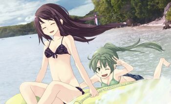 Rule 34 | 2girls, ;d, ^ ^, ass, barefoot, beach, bikini, bikini top only, black hair, boat, breasts, butt crack, cleavage, closed eyes, commentary request, day, denim, denim shorts, dutch angle, floating hair, frilled bikini, frills, front-tie top, green bikini, green eyes, green hair, happy, hide38, holding, inflatable raft, long hair, lying, mizuno sachiko (seabed), multiple girls, navel, ocean, official art, on boat, on stomach, one eye closed, open mouth, outdoors, photo background, ponytail, seabed (visual novel), short shorts, shorts, sitting, small breasts, smile, swimsuit, tagme, takako (seabed), toes, twintails, v, water, watercraft