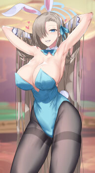 1girl absurdres animal_ear_hairband animal_ears armpits arms_up asuna_(blue_archive) asuna_(bunny)_(blue_archive) bare_shoulders blue_archive blue_bow blue_bowtie blue_eyes blue_halo blue_leotard bow bowtie breasts brown_hair cleavage commentary_request cowboy_shot detached_collar fake_animal_ears fake_tail gloves grey_pantyhose gunnjou_yosio hair_bow hair_over_one_eye hairband halo heart highres huge_breasts leotard long_hair looking_at_viewer pantyhose playboy_bunny rabbit_ears smile solo standing strapless strapless_leotard tail teeth white_gloves white_hairband wing_collar