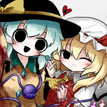 2girls :d ascot black_eyes black_hat blonde_hair blood blood_on_clothes blood_on_hands blush bow buttons collared_shirt crushing crystal_wings diamond_button flandre_scarlet frilled_shirt_collar frilled_wrist_cuffs frills green_hair grey_background hat hat_bow hat_ribbon heart heripantomorrow holding_hands interlocked_fingers komeiji_koishi medium_hair mob_cap multiple_girls one_eye_closed open_mouth pink_nails raised_eyebrows red_ribbon red_vest ribbon shirt smile touhou vest white_background white_hat white_shirt wings wrist_cuffs yellow_ascot yellow_bow yellow_shirt