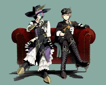 2boys absurdres black_boots black_gloves black_hat black_pants blonde_hair blue_hair boots buttons closed_mouth collared_shirt couch crossed_legs diamond_(shape) frills full_body gloves green_background hand_on_own_face hand_up hat highres kamishiro_rui leaf long_sleeves looking_at_viewer magiarimoru0330_daicon male_focus multicolored_hair multiple_boys official_alternate_costume on_couch open_collar pants project_sekai protected_link purple_hair revival_my_dream_(project_sekai) shirt shoelaces short_hair simple_background sitting streaked_hair tenma_tsukasa two-tone_hair yellow_eyes