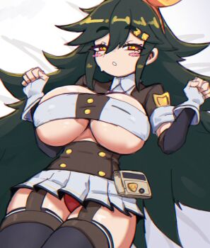 1girl ameli_(girls'_frontline) bed_sheet black_thighhighs blush_stickers breasts breasts_out brown_shirt clenched_hands detached_sleeves doce female_focus fingerless_gloves garter_straps girls'_frontline gloves green_hair grey_gloves grey_skirt hair_between_eyes hair_ornament hairband hairclip large_breasts long_hair looking_at_viewer lying miniskirt on_back orange_eyes panties parted_lips red_panties sarashi shirt skirt solo thighhighs underwear upskirt