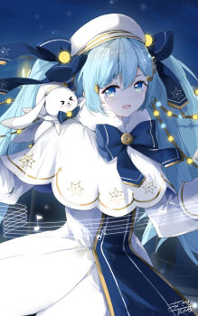 1girl 1other animal animal_on_shoulder artist_name asahi_kuroi beamed_eighth_notes beret bird bird_on_hand blue_bow blue_eyes blue_gloves blue_hair book bow bowtie braid braided_bangs capelet commentary dress eighth_note fortissimo fur-trimmed_sleeves fur_collar fur_trim gloves hair_bow hair_ornament half_note hat hatsune_miku highres holding holding_book lamppost light_bulb_hair_ornament long_hair long_sleeves musical_note musical_note_hair_ornament musical_staff night open_mouth outdoors rabbit rabbit_yukine single_braid smile snowflakes snowing solo_focus tabard treble_clef twintails very_long_hair vocaloid white_dress yuki_miku yuki_miku_(2021)