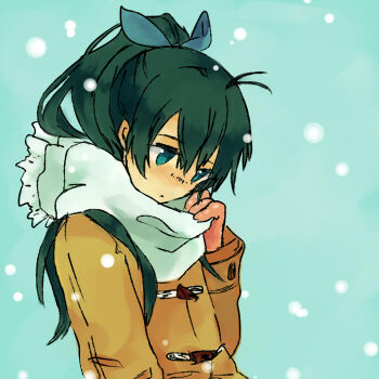 black_hair blue_eyes coat ganaha_hibiki giga gloves idolmaster idolmaster_(classic) long_hair ponytail ribbon scarf snow solo