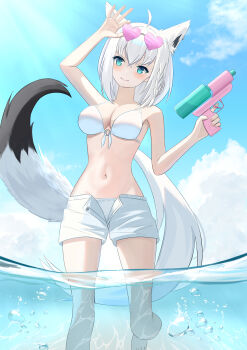 1girl absurdres ahoge alternate_costume animal_ear_fluff animal_ear_piercing animal_ears aqua_eyes arm_up bikini bikini_under_clothes bikini_bottom_under_shorts blush braid closed_mouth eyewear_on_head fox_ears fox_girl fox_tail gun heart heart-shaped_eyewear highres holding holding_water_gun hololive isso_jp long_hair navel o-ring o-ring_bikini pink_nails shirakami_fubuki shorts smile solo stomach sunglasses swimsuit tail very_long_hair virtual_youtuber water water_gun weapon wet white_bikini white_hair white_shorts
