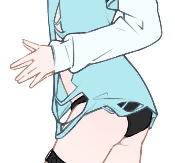 1girl aqua_hair ass black_panties blue_hair close-up from_behind k-go long_hair long_sleeves original panties simple_background solo sweater underwear white_background