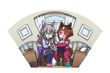2girls animal_ears bed chair cup day ear_ornament grey_hair hamu_koutarou highres horse_ears horse_girl horse_tail indoors long_hair multiple_girls on_chair open_mouth phone screen short_hair sidelocks steam tail track_suit transcend_(umamusume) umamusume wonder_acute_(umamusume)