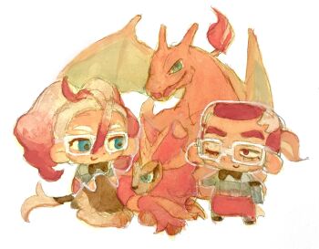 1boy 1girl alkali0029lnp apron black_bow black_bowtie blue_eyes bow bowtie c: charizard chibi chibi_only gen_1_pokemon gen_6_pokemon glasses gradient_hair griselle_(pokemon) grisham_(pokemon) hair_between_eyes hair_pulled_back hashtag-only_commentary highres looking_at_another lower_eyelashes_only multicolored_hair nintendo one_eye_closed orange_theme pokemon pokemon_(creature) pokemon_legends:_z-a ponytail pyroar pyroar_(male) red_apron red_eyes red_hair short_ponytail smile split_ponytail thick_eyebrows traditional_media two-tone_hair waist_apron wavy_hair white-framed_eyewear white_hair