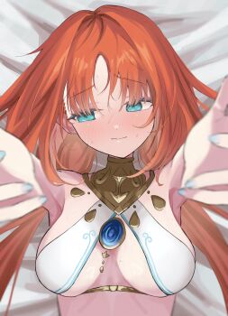 1girl absurdres bare_arms blue_eyes blue_nails blush breasts brooch closed_mouth commentary_request e6imay0 genshin_impact highres jewelry large_breasts long_hair lying nilou_(genshin_impact) no_headwear on_back outstretched_arms reaching reaching_towards_viewer red_hair solo upper_body