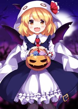 1girl :d black_dress black_pantyhose blonde_hair blush candy candy_cane character_request check_character collared_shirt commentary_request dress fang feet_out_of_frame food frilled_dress frills hair_ribbon halloween halloween_bucket halloween_costume highres holding hood hood_up jack-o&#039;-lantern lollipop long_sleeves looking_at_viewer necktie night open_mouth outdoors pantyhose red_necktie red_ribbon ribbon rumia ruu_(tksymkw) shirt short_hair skin_fang smile solo standing swirl_lollipop touhou white_shirt yellow_eyes