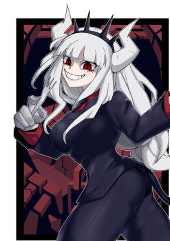 1girl absurdres black_tail blush breasts business_suit demon_girl demon_horns demon_tail fork formal_clothes gloves hairband hell helltaker highres holding holding_fork horns kumojin_4 large_breasts long_hair looking_at_viewer lucifer_(helltaker) mole mole_under_eye necktie red_eyes red_shirt shirt smile solo spiked_hairband spikes suit tail teeth underworld white_hair white_horns