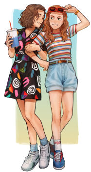 Rule 34 | 2girls, brown hair, c-fish, closed eyes, commentary request, dress, eleven (stranger things), eyewear on head, freckles, green eyes, highres, locked arms, long hair, max mayfield, multiple girls, orange hair, short hair, shorts, smile, stranger things, wavy hair