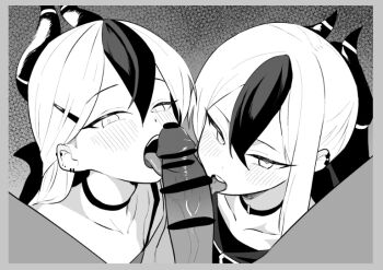 1boy 2girls bar_censor blue_archive blush censored choker commentary_request cooperative_fellatio ear_blush fellatio ffm_threesome greyscale group_sex hair_between_eyes horns kayoko_(blue_archive) licking licking_penis long_hair looking_at_viewer monochrome multiple_girls open_mouth oral penis pov teamwork_(sexual) threesome tongue tongue_out toriko_(honmono)