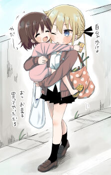 2girls absurdres aged_down anger_vein bad_id bad_pixiv_id bag black_legwear black_skirt blonde_hair blue_eyes blush brown_footwear brown_hair cardigan carrying carrying_person child_carry closed_eyes crocs groceries grocery_bag hair_ribbon hanabi_(yuruneko0624) highres holding kill_me_baby loafers long_hair long_sleeves medium_hair multiple_girls one_eye_closed open_mouth oribe_yasuna outdoors plastic_bag ribbon school_uniform shoes shopping_bag skirt smile socks sonya_(kill_me_baby) twintails walking yellow_shoes