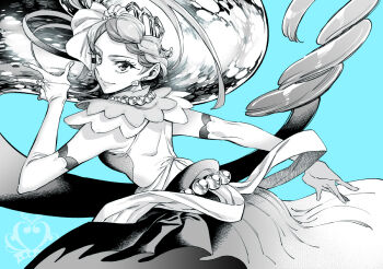 1girl aqua_background closed_mouth commentary_request cure_mermaid detached_sleeves dress earrings go!_princess_precure greyscale_with_colored_background jewelry kaidou_minami long_hair looking_at_viewer necklace pearl_necklace precure simple_background sleeveless sleeveless_dress smile solo takanashi_ringo very_long_hair