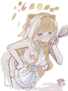 1girl anger_vein apron blue_eyes blunt_bangs bottomless bow bowtie breasts censored character_censor cj6f2lx08scrrc9 color_guide commentary_request hair_bow heart highres holding holding_whisk jitome leaning_forward long_hair long_sidelocks magia_sulfur magical_girl mahou_shoujo_ni_akogarete naked_apron novelty_censor pose_request shadow sidelocks skindentation small_breasts sweat tenkawa_kaoruko thighhighs vatz very_long_hair very_long_sidelocks whisk white_apron white_thighhighs yellow_bow