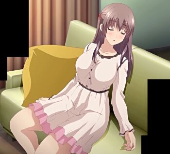 1girl anime_screenshot breasts closed_eyes couch female_focus sitting skirt sleeping sleeping_upright solo_focus stitched third-party_edit white_blue