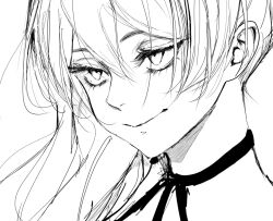 Rule 34 | 1girl, choker, close-up, commentary request, eyelashes, hair between eyes, half-closed eyes, inoitoh, jitome, lineart, long hair, looking to the side, monochrome, portrait, sketch, smile, solo, sousou no frieren, ubel (sousou no frieren)