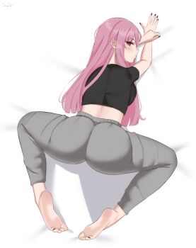 1girl ass barefoot blush feet highres hololive long_hair looking_at_viewer looking_back lying mori_calliope on_stomach pink_hair red_eyes senpaisif soles toes
