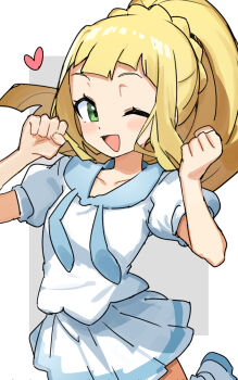 1girl blonde_hair blue_sailor_collar blush breasts gazacy_(dai) green_eyes high_ponytail highres lillie_(pokemon) long_hair looking_at_viewer nintendo one_eye_closed open_mouth pleated_skirt pokemon pokemon_sm ponytail sailor_collar shirt short_sleeves skirt small_breasts smile solo white_shirt white_skirt
