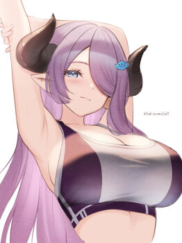 1girl akiyomi armpits arms_up blue_eyes blush breasts cleavage closed_mouth commentary_request draph granblue_fantasy hair_ornament hair_over_one_eye highres horns large_breasts long_hair looking_at_viewer narmaya_(granblue_fantasy) pointy_ears purple_hair purple_sports_bra simple_background smile solo sports_bra stretching twitter_username two-tone_sports_bra white_background white_sports_bra