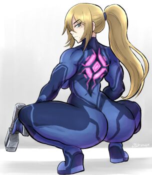 1girl 2024 absurdres anaconda_(nicki_minaj) arched_back ass ass_focus blonde_hair blue_bodysuit blue_eyes bodysuit breasts broly_culo_(meme) commission commissioner_upload deltoids female_focus from_behind frown full_body gun hairband heel_up high_ponytail highres holding holding_weapon huge_ass impossible_clothes large_breasts long_hair looking_at_viewer meme metroid muscular muscular_arms muscular_back muscular_female muscular_legs nintendo paralyzer ponytail profile revision samus_aran side_eye sideboob signature simple_background skin_tight solo squatting thick_thighs thighs triceps videajames weapon white_background wide_hips zero_suit