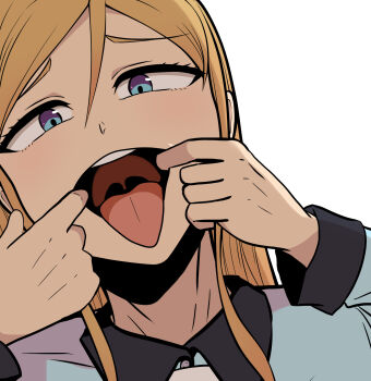1girl blonde_hair blue_eyes commentary_request galois hair_between_eyes highres korean_commentary long_hair mouth_pull odyssey_(galois) open_mouth portrait raised_inner_eyebrows seong_eun-ha sidelocks smile solo tongue tongue_out uvula