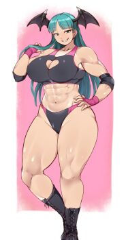 abs alternate_muscle_size bat_wings black_boots black_sports_bra boots breasts cleavage cleavage_cutout clenched_teeth clothing_cutout darkstalkers demon_girl fingerless_gloves gloves green_eyes green_hair hanzo_(2929) head_wings highres large_breasts looking_at_viewer midriff morrigan_aensland muscular muscular_female navel smile solo sports_bra teeth thick_thighs thighs wings wrestling_outfit