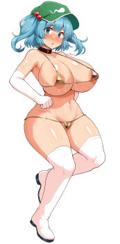 1girl bikini black_collar blue_eyes blush breasts cameltoe collar commentary_request elbow_gloves flat_cap full_body gloves gold_bikini green_hat hair_bobbles hair_ornament haruka_(haruka_channel) hat highres huge_breasts kawashiro_nitori looking_at_viewer micro_bikini navel open_mouth simple_background solo swimsuit thighhighs touhou two_side_up variant_set white_background white_gloves white_thighhighs