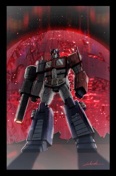arm_cannon autobot comic_cover commentary cybertron english_commentary glowing glowing_eyes helmet highres how_do_you_feel_about_going_on_the_offensive?_(transformers) humanoid_robot insignia livioramondelli machine mask mecha mouth_mask no_humans optimus_prime red_eyes robot science_fiction transformers transformers:_generation_1 weapon