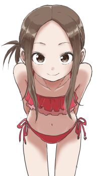10s 1girl alternate_hairstyle arms_behind_back bare_arms bare_legs bare_shoulders bikini brown_eyes brown_hair closed_mouth collarbone commentary_request cowboy_shot female_focus frilled_bikini frills highres karakai_jouzu_no_takagi-san leaning_forward legs_apart looking_at_viewer navel red_bikini short_hair side-tie_bikini_bottom side_ponytail simple_background smile solo standing stomach swimsuit takagi-san takahashi_rie takahashi_rie_(voice_actor) voice_actor_connection white_background yamamoto_souichirou