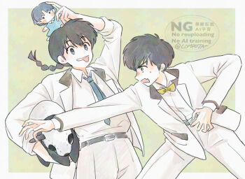 Rule 34 | 2boys, :p, arm up, belt, belt buckle, black belt, black eyes, blue dress, blue necktie, bow, bowtie, braid, buckle, character doll, commentary request, con sonne, doll, dress, fang, fighting, formal clothes, hibiki ryouga, holding, holding doll, implied hetero, male focus, multiple boys, necktie, pale skin, ranma 1/2, saotome genma (panda), saotome ranma, short hair, single braid, skin fang, suit, tendou akane, tongue, tongue out, v-shaped eyebrows, watermark, white suit, yellow bow, yellow bowtie, yellow eyes