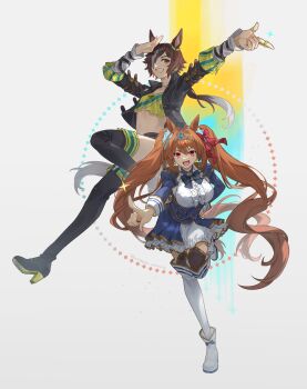 2girls :d aiguillette animal_ears ankle_boots antenna_hair belt black_boots black_jacket black_shorts black_thighhighs block_heels blue_bow blue_bowtie blue_jacket blue_skirt boots bow bowtie breasts brown_eyes brown_hair buttons center_frills cropped_shirt daiwa_scarlet_(peak_blue)_(umamusume) daiwa_scarlet_(umamusume) double-breasted epaulettes fang fold-over_boots footwear_bow framed_breasts frilled_shirt frills full_body garter_straps gradient_hair hair_intakes high_heel_boots high_heels highres horse_ears horse_girl index_finger_raised jacket juliet_sleeves large_breasts layered_skirt leg_up long_hair long_sleeves looking_at_viewer low-tied_long_hair midriff miniskirt multicolored_hair multiple_girls open_mouth overskirt pleated_skirt pointing puffy_sleeves red_eyes shirt shorts skirt smile streaked_hair thigh_boots thighhighs thumb_ring tiara twintails twitter_username umamusume underbust very_long_hair vodka_(umamusume) vodka_(wild_top_gear)_(umamusume) white_boots white_hair white_shirt white_skirt white_thighhighs yellow_shirt youmicitrustea