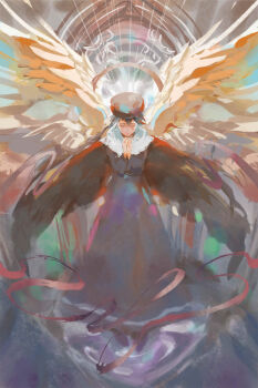 1girl absurdres amamiya_yuuko angel_wings black_dress black_hair black_hat closed_eyes closed_mouth commentary_request delucevio dress ef_(visual_novel) feathered_wings full_body hat highres long_hair multiple_wings praying ribbon solo wings