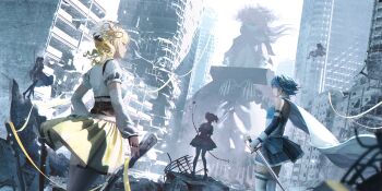 3d_background 6+girls animal_ear_headwear animal_ears ankle_bow ankle_ribbon armlet back_cutout bare_shoulders battle beanie belt beret black_capelet black_corset black_dress black_hat black_thighhighs blonde_hair blue_belt blue_eyes blue_hair blue_shirt blue_skirt blue_sleeves boots bow bow_(weapon) brown_boots brown_gloves brown_hat cape capelet cat_ears city closed_mouth clothing_cutout collared_cape collared_shirt corset day detached_sleeves dress drill_hair earflap_beanie fake_animal_ears fingerless_gloves floating floating_clothes floating_hair flower flower_hairpin fortissimo frilled_dress frilled_shirt frilled_socks frills full_body giant giantess gloves gown grey_thighhighs gun hair_bow hair_ornament hairclip hand_on_own_hip hat hat_feather high_collar high_heels highres holding holding_bow_(weapon) holding_gun holding_polearm holding_sword holding_weapon homulilly honkai_(series) jewelry jiao_(dumpling_6040) kaname_madoka kaname_madoka_(magical_girl) kneehighs leg_ribbon long_dress long_hair long_sleeves magical_musket mahou_shoujo_madoka_magica mahou_shoujo_madoka_magica:_hangyaku_no_monogatari miki_sayaka miki_sayaka_(magical_girl) miniskirt momoe_nagisa momoe_nagisa_(magical_girl) multiple_girls musical_note musical_note_hair_ornament orange_cloak outdoors parody pink_bow pink_dress pink_hair pink_shoes pink_skirt pleated_skirt polearm pom_pom_(clothes) ponytail post-apocalypse puffy_long_sleeves puffy_short_sleeves puffy_sleeves pumps red_dress red_flower red_hair ribbon ruins sakura_kyoko sakura_kyoko_(magical_girl) shirt shoes short_dress short_sleeves short_twintails skeleton skirt skirt_under_dress sky smile socks spear spider_lily square_neckline standing strapless strapless_shirt sword thigh_belt thigh_boots thigh_strap thighhighs tomoe_mami tomoe_mami_(magical_girl) twin_drills twintails two-tone_shirt weapon white_cape white_gloves white_hair white_shirt white_skirt white_sky white_sleeves white_socks white_thighhighs witch_(madoka_magica) yellow_eyes yellow_ribbon yellow_skirt