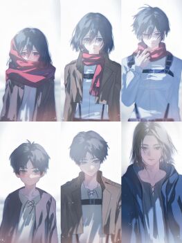 Rule 34 | 1boy, 1girl, age progression, aged down, black hair, blue hoodie, blush, brown cardigan, brown hair, brown jacket, cardigan, chest harness, closed mouth, eren yeager, green eyes, grey eyes, grey shirt, hair between eyes, harness, hashtag-only commentary, highres, hood, hood down, hoodie, jacket, long sleeves, looking at viewer, medium hair, mikasa ackerman, open cardigan, open clothes, open hoodie, open jacket, paradis military uniform, red scarf, scarf, shingeki no kyojin, shirt, short hair, straight-on, upper body, white shirt, yun (dl2n5c7kbh8ihcx)