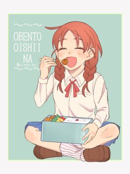 1girl ^_^ aqua_background bento blue_skirt braid breast_pocket brown_hair brown_shoes cherry_tomato chicken_(food) chopsticks closed_eyes collared_shirt commentary_request dress_shirt eating food fried_chicken fruit full_body futsuu_no_keion-bu happy highres holding holding_bento holding_chopsticks indian_style katsu_(food) loafers long_hair mole mole_under_eye neck_ribbon omelet oversized_food oversized_object parted_bangs photo-referenced pleated_skirt pocket red_ribbon ribbon rice romaji_text school_uniform shirt shoes short_sleeves sitesitei sitting skirt socks solo tamagoyaki tomato twin_braids twintails twitter_username uchida_momo umeboshi white_shirt white_socks wing_collar