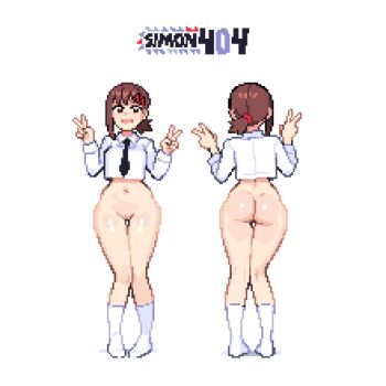 Rule 34 | 1girl, artist name, ass, black necktie, bottomless, breasts, brown eyes, brown hair, chainsaw man, collared shirt, commentary, crop top, double v, english commentary, hair ornament, hairclip, higashiyama kobeni, highres, looking at viewer, multiple views, navel, necktie, open mouth, pixel art, ponytail, pussy, shirt, short ponytail, sim0n404, simple background, single sidelock, thigh gap, v, white background, white shirt, wide hips