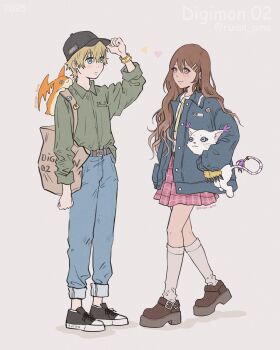 Rule 34 | bag, baseball cap, blue jeans, bracelet, digimon, digimon adventure 02, earrings, hat, heart, highres, jacket, jewelry, long hair, patamon, pink skirt, shirt, shoes, skirt, sneakers, tailmon, takaishi takeru, tie clip, white shirt, yagami hikari