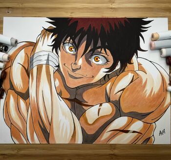 Rule 34 | 1boy, art tools in frame, bandaged arm, bandages, brown hair, commentary, draw with aid, english commentary, grappler baki, hanma baki, highres, making-of available, male focus, marker (medium), muscular, muscular male, official art, official style, orange eyes, photo (medium), scar, scar on arm, scar on chest, scar on shoulder, signature, smile, solo, topless male, traditional media, upper body