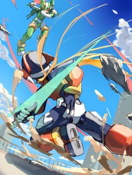 2boys absurdres armor battle blonde_hair blue_sky debris dual_wielding energy_sword forehead_jewel green_armor green_helmet helmet highres holding holding_sword holding_weapon long_hair male_focus mega_man_(series) mega_man_zero_(series) midair multiple_boys omochi_(mochi_skymega) red_armor red_helmet sage_harpuia_(mega_man) sky solo_focus sword weapon zero(z)_(mega_man) zero_(mega_man)