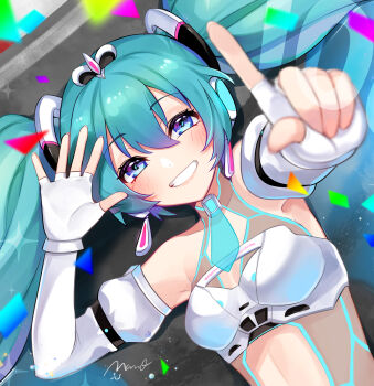 1girl aqua_eyes aqua_hair arm_up bare_shoulders breasts clothing_cutout collarbone commentary_request dress elbow_gloves fingerless_gloves gloves goodsmile_company goodsmile_racing grin hair_between_eyes hair_ornament hatsune_miku headpiece highres long_hair looking_at_viewer lying mamo_(fortune-mm) medium_breasts midriff necktie official_alternate_costume on_back race_queen racing_miku racing_miku_(2012) see-through_clothes see-through_dress see-through_necktie short_necktie skirt smile solo split-color_clothes stomach_cutout teeth twintails upper_body very_long_hair vocaloid white_gloves