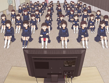 6+girls :i :t bike_shorts bike_shorts_under_skirt black_hair black_serafuku black_skirt blue_bow blue_bowtie blue_socks bow bowtie brown_hair crossed_arms glasses hand_to_own_mouth hands_on_own_face hands_on_own_knees hugging_own_legs kiyo_(kyokyo1220) long_hair multiple_girls on_floor open_mouth original panties pink_panties pleated_skirt ponytail sailor_collar school_uniform serafuku sex_ed shoes short_hair shorts side_ponytail sitting skirt socks solid_circle_eyes teacher television twintails underwear upskirt watching_television white_panties white_shoes white_socks