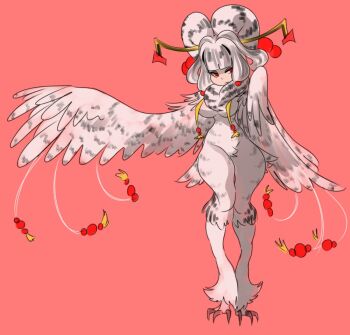 1girl bird_legs bird_tail black_hair blunt_bangs breasts commentary dizzyspells english_commentary feathered_wings feathers harpy large_breasts long_hair monster_girl multicolored_hair original pink_background red_eyes simple_background solo streaked_hair tail talons white_feathers white_hair white_wings winged_arms wings