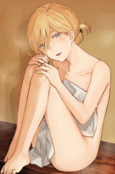 1boy androgynous bare_shoulders barefoot bishounen blonde-haired_boy_(sunaba_(nczd5875)) blonde_hair blue_eyes blush bottomless bulge commentary commentary_request completely_nude fang feet hair_between_eyes hair_bun half-closed_eyes hands_on_own_knees knees_to_chest looking_at_viewer male_focus naked_towel no_shoes nude on_floor open_mouth original partial_commentary short_hair sitting solo steam sunaba_(nczd5875) sweat thighs tongue towel trap untranslatable_commentary wet