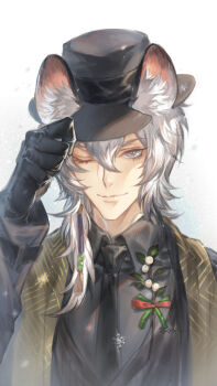 1boy ;) adjusting_clothes adjusting_headwear animal_ear_fluff animal_ears arknights black_gloves black_hat black_jacket black_necktie black_shirt closed_mouth collared_shirt commentary_request fedora formal_clothes gloves grey_eyes grey_hair hair_between_eyes hand_on_headwear hat hat_tip highres jacket long_sleeves looking_at_viewer male_focus necktie one_eye_closed shirt silverash_(arknights) simple_background smile snow_leopard_boy snow_leopard_ears snowflakes solo spade-m upper_body white_background white_hair