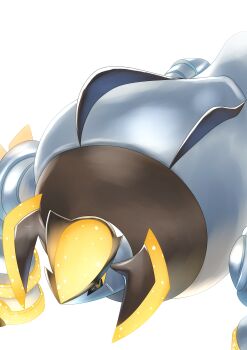 absurdres black_sclera colored_sclera commentary_request highres horns iron_boulder ki_no_maru metal_skin nintendo no_humans non-humanoid_robot orange_eyes pixel_eyes pokemon pokemon_(creature) pokemon_focus robot robot_animal simple_background solo white_background