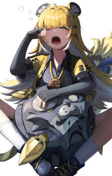 1girl absurdres animal_ear_fluff animal_ears blue_shoes bow colored_inner_hair commentary_request green_eyes grey_shirt highres hu_wei_(zenless_zone_zero) jacket ju_fufu long_hair multicolored_hair one_eye_closed open_mouth regit_etihw rubbing_eyes shirt shoes simple_background sitting socks striped_fur striped_hair tail tail_bow tail_ornament tears tiger_ears tiger_girl tiger_stripes tiger_tail white_background white_socks yawning yellow_jacket zenless_zone_zero