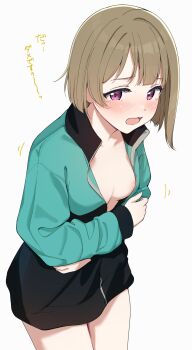 1girl absurdres blush breasts brown_hair commentary_request cowboy_shot embarrassed furrowed_brow green_jacket highres jacket long_sleeves looking_at_viewer love_live! love_live!_nijigasaki_high_school_idol_club nakasu_kasumi nipple_slip nipples open_clothes open_jacket open_mouth purple_eyes short_hair small_breasts solo standing tata_(tataice) tearing_up track_jacket translation_request